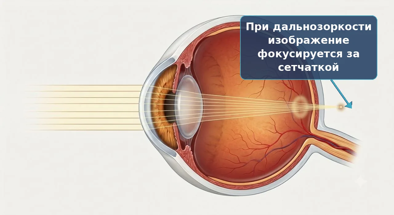 Дальнозоркость: изображение фокусируется за сетчаткой
