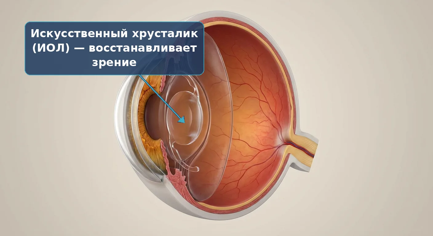 Искусственный хрусталик (интраокулярная линза, ИОЛ) в глазу после операции
