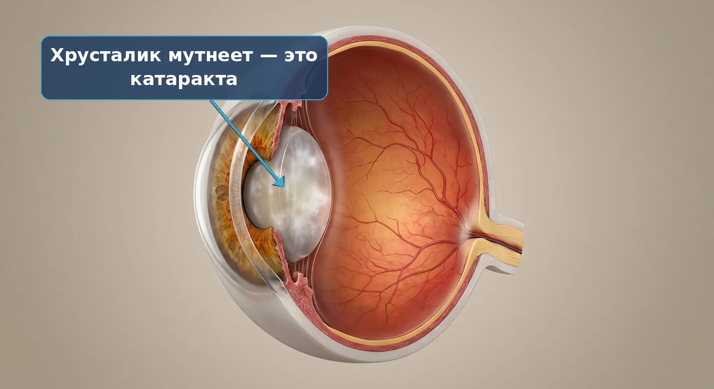Помутневший хрусталик при катаракте — схема глаза