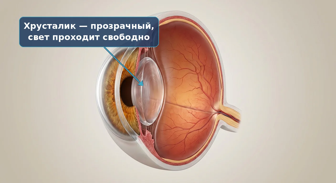Схема глаза со здоровым прозрачным хрусталиком